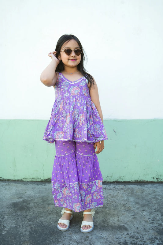 Girls Purple Floral Cotton Peplum Top with Sharara Pants Set