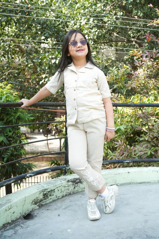 Girls Co-Ord Set with Button-Down Shirt & Tapered Pants