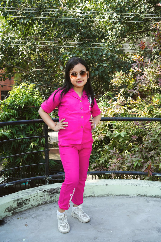Girls Hot Pink Co-Ord Set with Button-Down Shirt & Tapered Pants