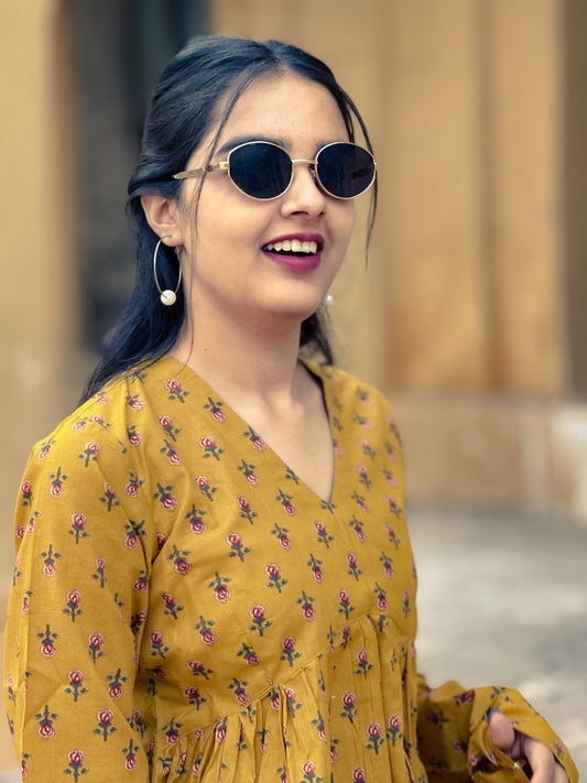 Women`s mustard yellow floral printed v-neck kurti