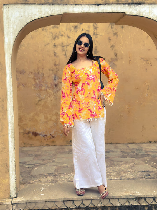 Yellow Floral Printed Kurti with pearl tassel sleeves for women