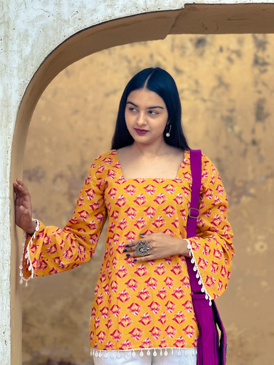 Mustard yellow printed women kurti with square neck design