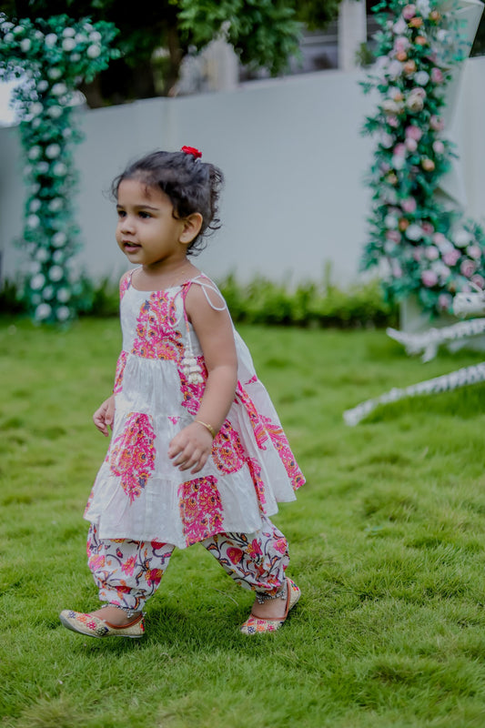 Girls White Floral Ethnic Sharara Set with Tassel Tie Straps