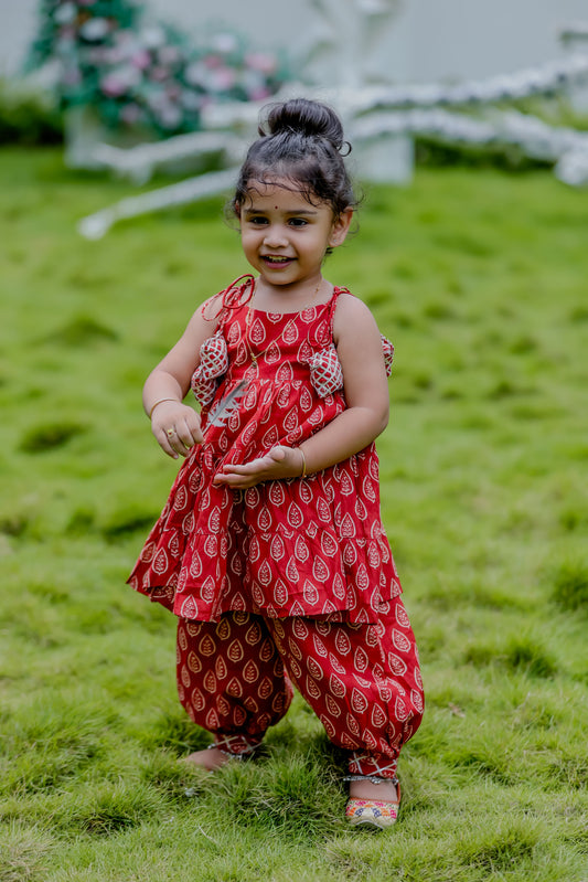 Red Leaf Print Dhoti Kurta Set for Baby Girls