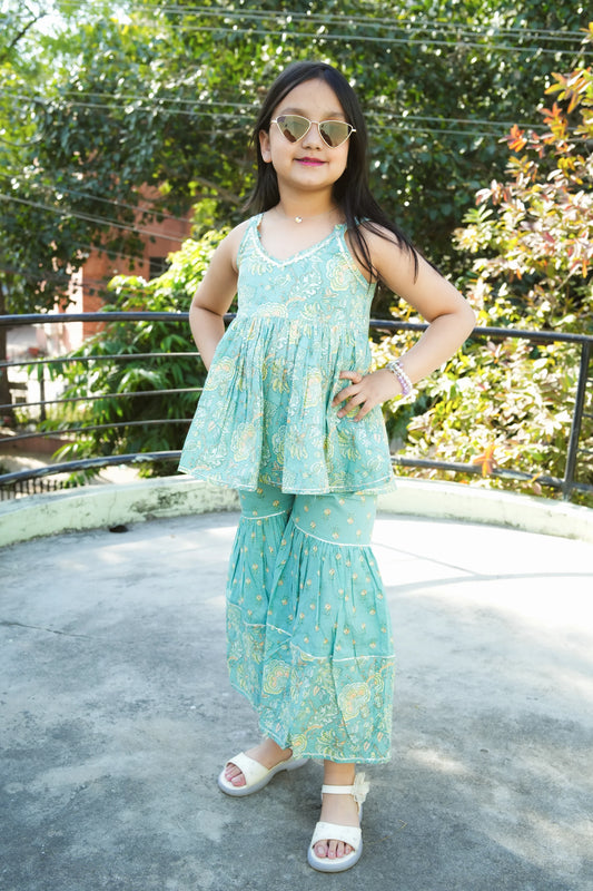 Green Printed Peplum Top With Sharara Set For Girls