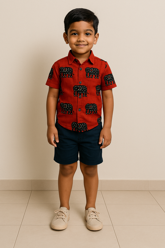 Red Elephant Print Cotton Shirt for Boys