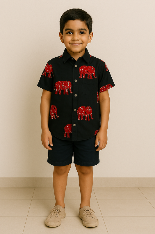 Maroon Elephant Print Cotton Shirt for Boys