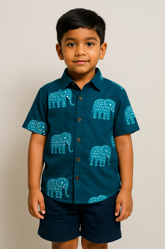 Blue Elephant Print Cotton Shirt for Boys