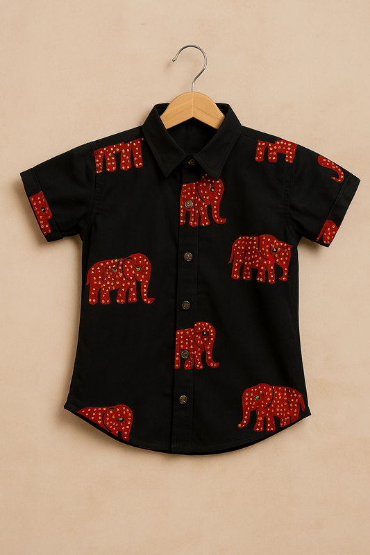 Black Elephant Print Cotton Shirt for Boys