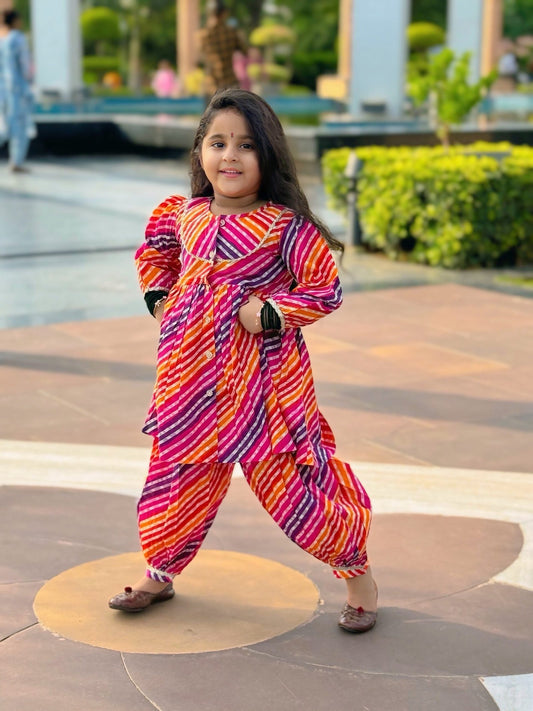 Girls Leheriya Co-ord Set, Multicolor Peplum Kurta with Dhoti Pants