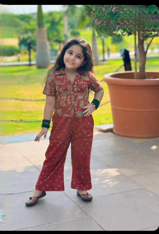 Girls Ethnic Co-ord Set, Maroon Floral Shirt with Palazzo