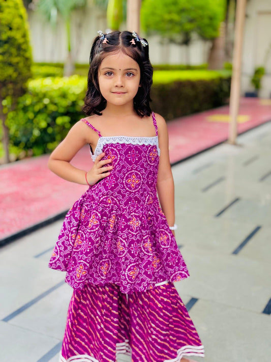 Purple Bandhani Spaghetti Top with Gharara Set for Girls