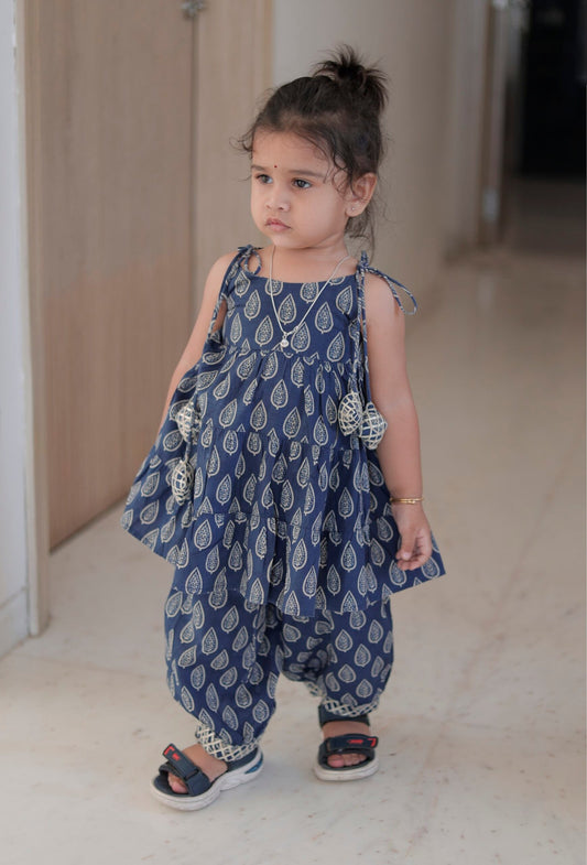 Indigo Blue Leaf Print Dhoti Kurta Set for Baby Girls