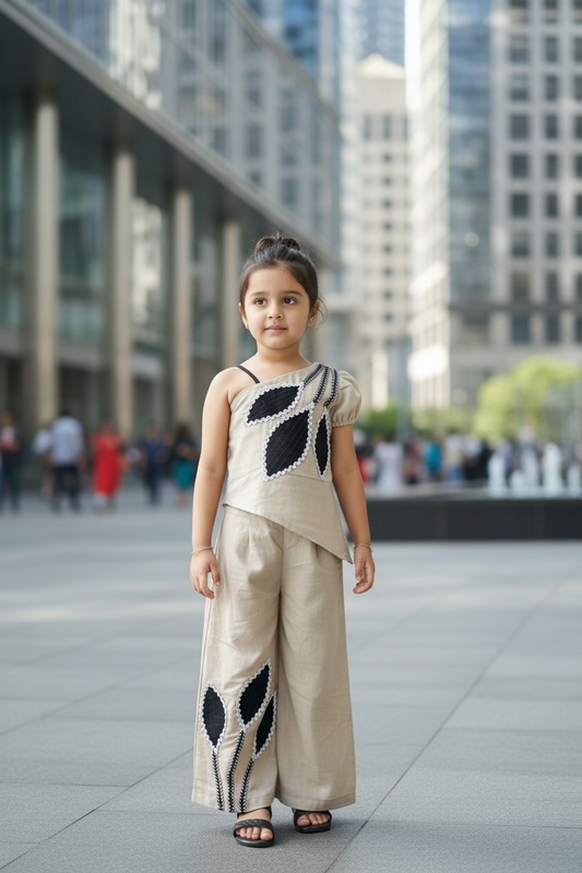 Ivory Leaf Print One-Shoulder Co-set for Girls