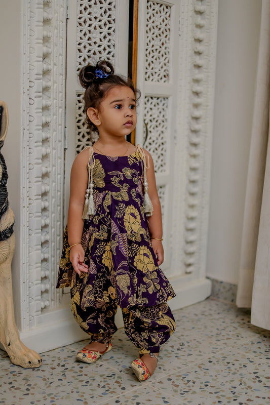 Girls Floral Print Ethnic Sharara Set with Tassel Detailing