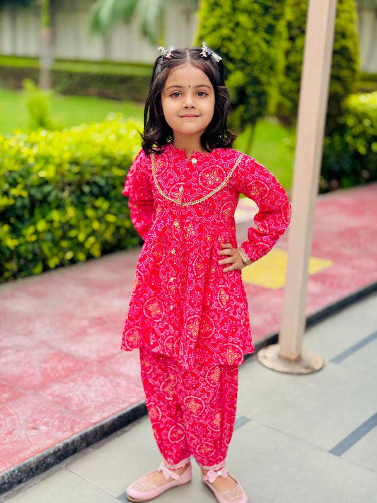 Pink Bandhani Print Kurta with Patiala Set for Girls