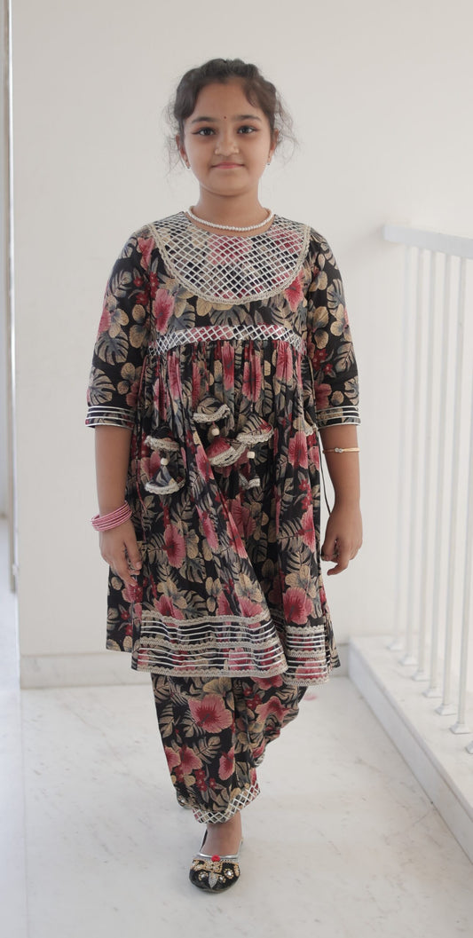 Girls’ Black Floral Angrakha Kurta & Pant Set with Tassels and Gota Detailing