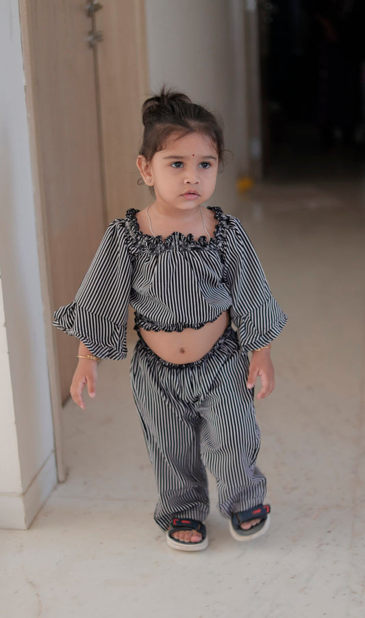 Black & White Striped Off-Shoulder Top and Pant Co-ord Set for Girls