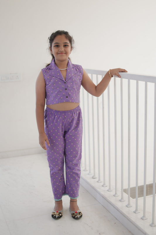 Girls’ Lilac Floral Coord Set (Sleeveless Shirt Top & Straight Pants)